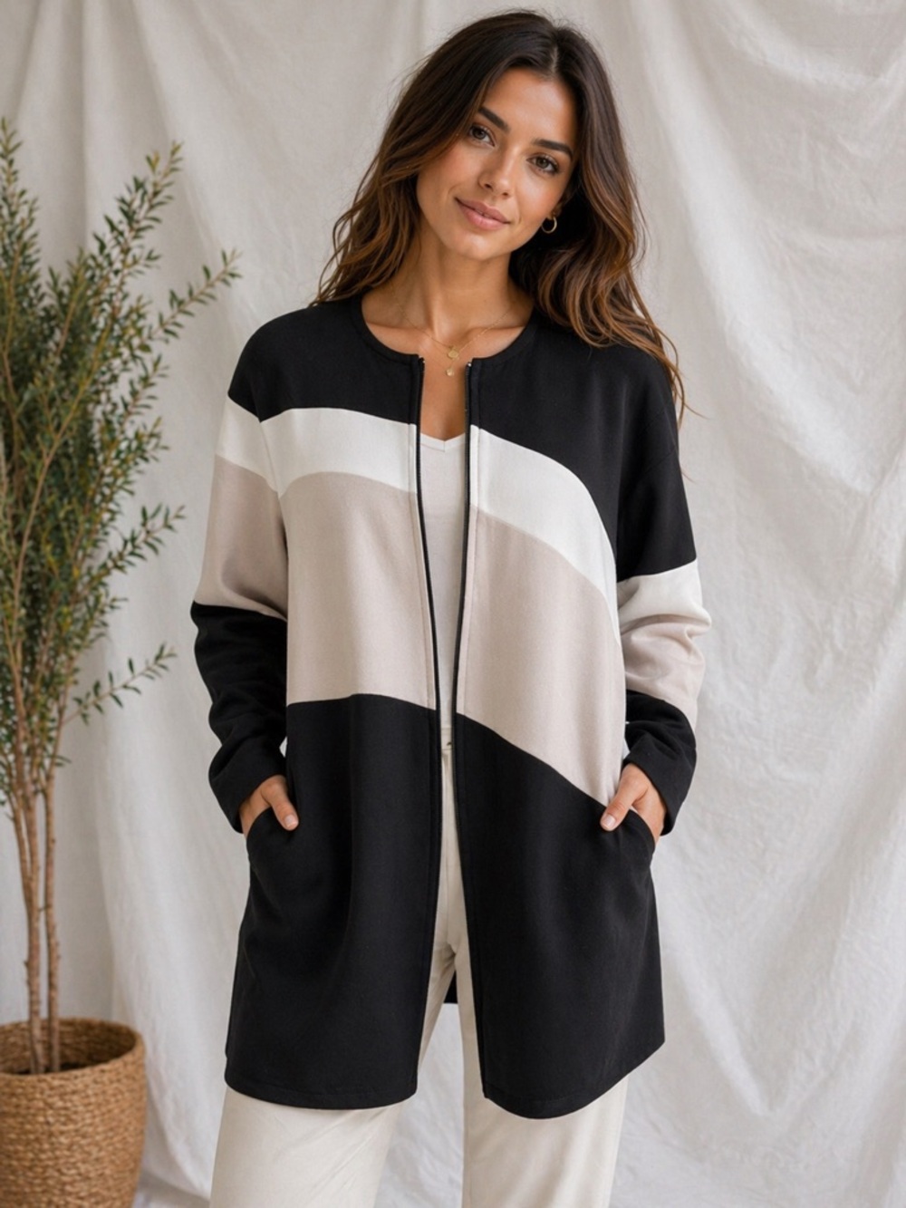 Alfani Colorblock Blazer Jacket | Black White Beige Open Front Career Chic.Ptp24